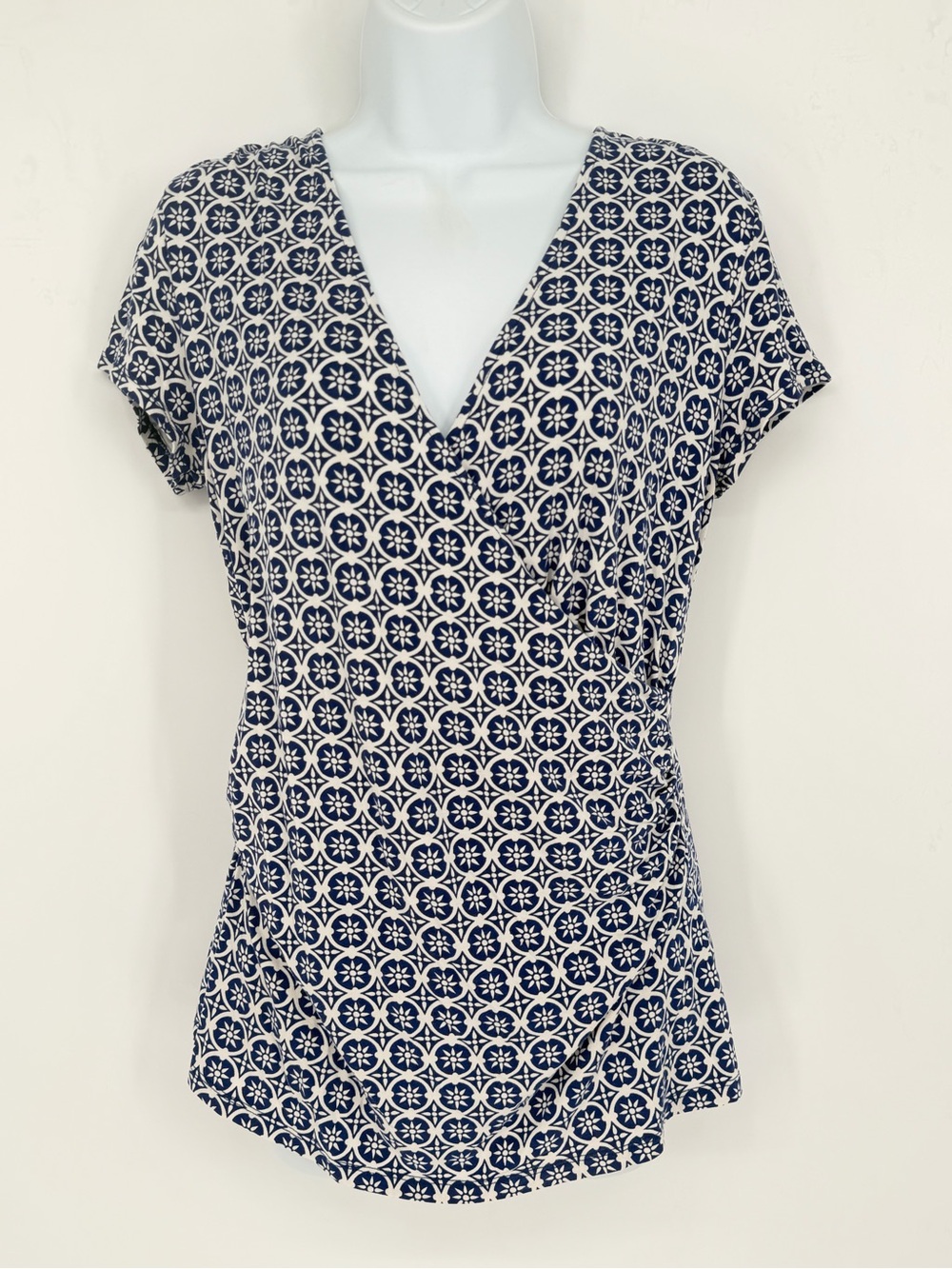 Boden Faux Wrap Ruched Side Geo Print Top